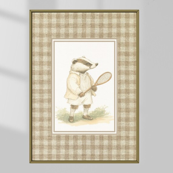 Badger Playing Tennis Vintage Nursery Animal Storybook Art Poster