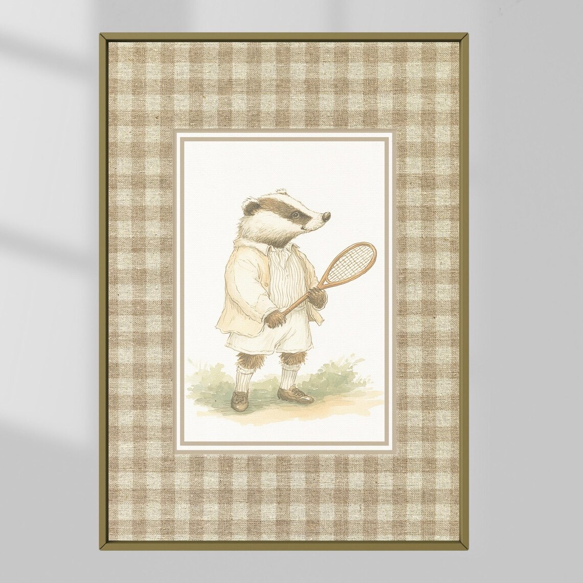 Badger Playing Tennis Vintage Nursery Animal Storybook Art Poster