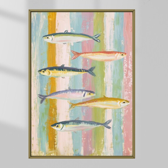 Retro Colorful Sardine Fish Coastal Kitchen Pastel Stripes Art Print
