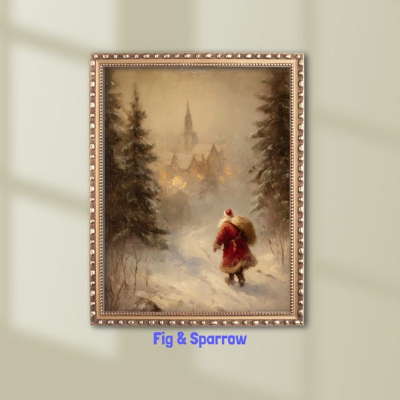 Vintage Santa Claus Walking Through Snowy Village Oil Painting Poster