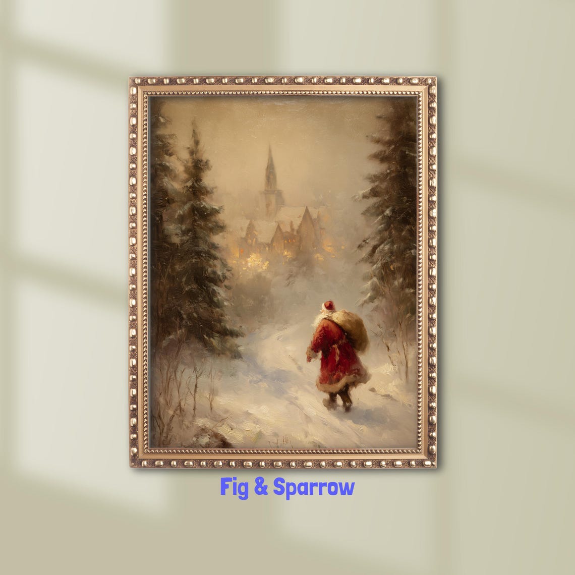 Vintage Santa Claus Walking Through Snowy Village Oil Painting Poster