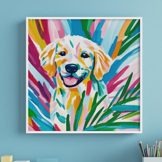 Energetic Golden Retriever Abstract Painting Multicolor Cute Pet Art Playful And Expressive Dog Portrait Contemporary Wall Canvas Decor