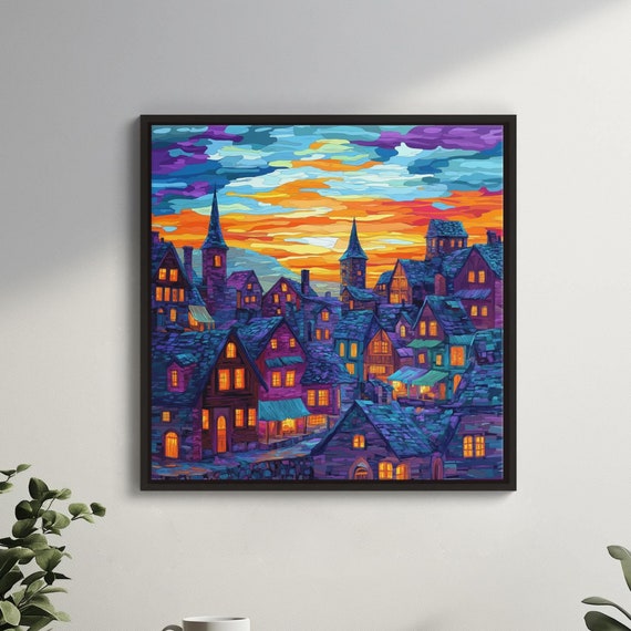 Twilight Glow Over Mountain Village Vibrant Van Goghinspired Canvas Art Cozy Dark Cottages Lantern Light Fantasy Valley Wall