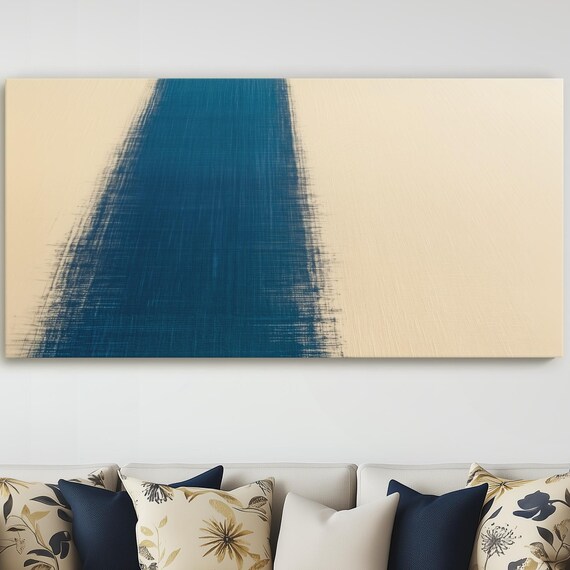 Long Horizontal Beige And Blue Canvas Art Painting Minimalistic Abstract Line Ready To Hang Wall Decor Simple For Bedroom