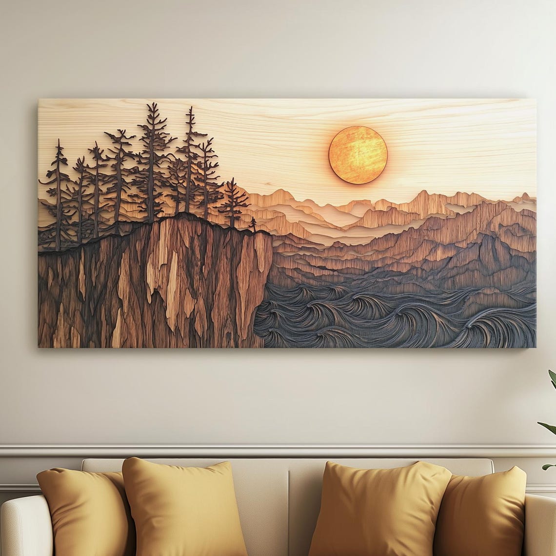 Layered Wood Coastal Cliffs Fiery Sunset Ocean Wave Art Poster