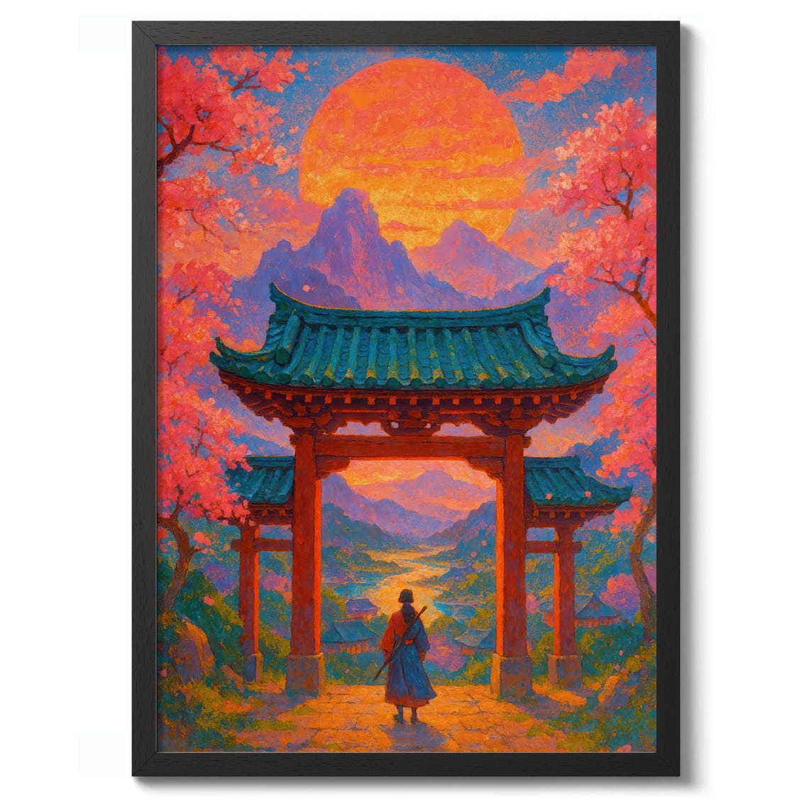 Twilight Asian Temple Gate At Sunset Cherry Blossom Art Poster