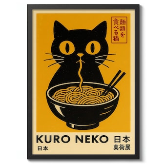 Kuro Neko Anime Cat Poster, Japanese Ramen Theme