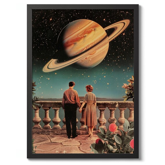 Space Balcony Retro Sci-Fi Couple Watching Saturn Planet Poster