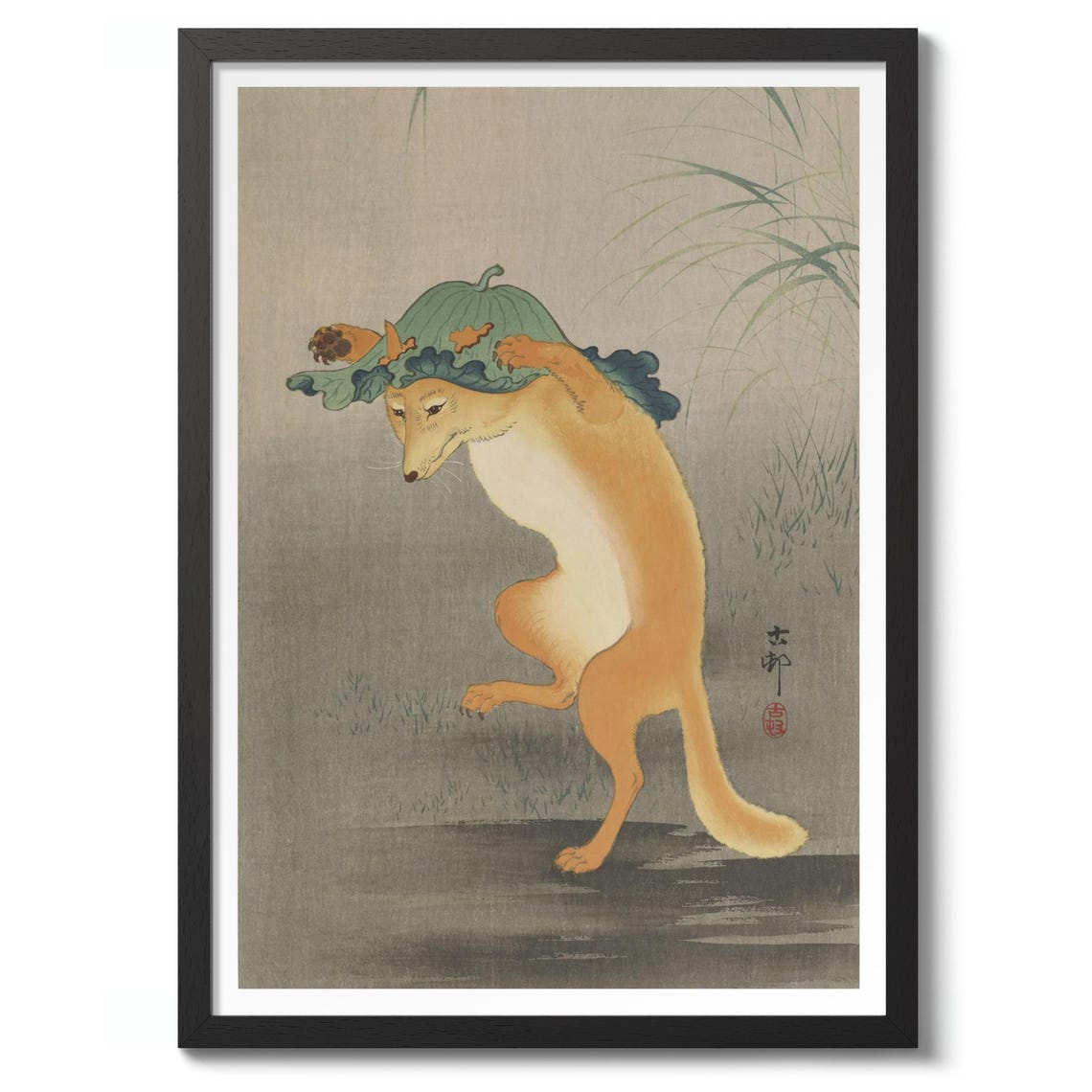 Ohara Koson Dancing Fox With Lotus Leaf Japanese Woodblock Art Poster