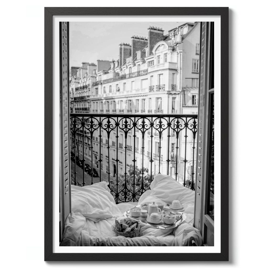 Parisian Balcony Black And White Breakfast In Bed Photography Poster
