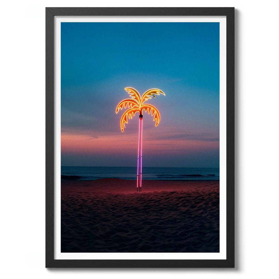 Glowing Neon Palm Tree Beach Sunset Modern Photography Poster