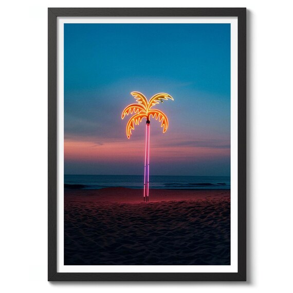Glowing Neon Palm Tree Beach Sunset Modern Photography Poster