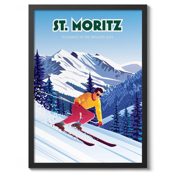 St Moritz Engadin Alps Retro Downhill Ski Vintage Travel Poster