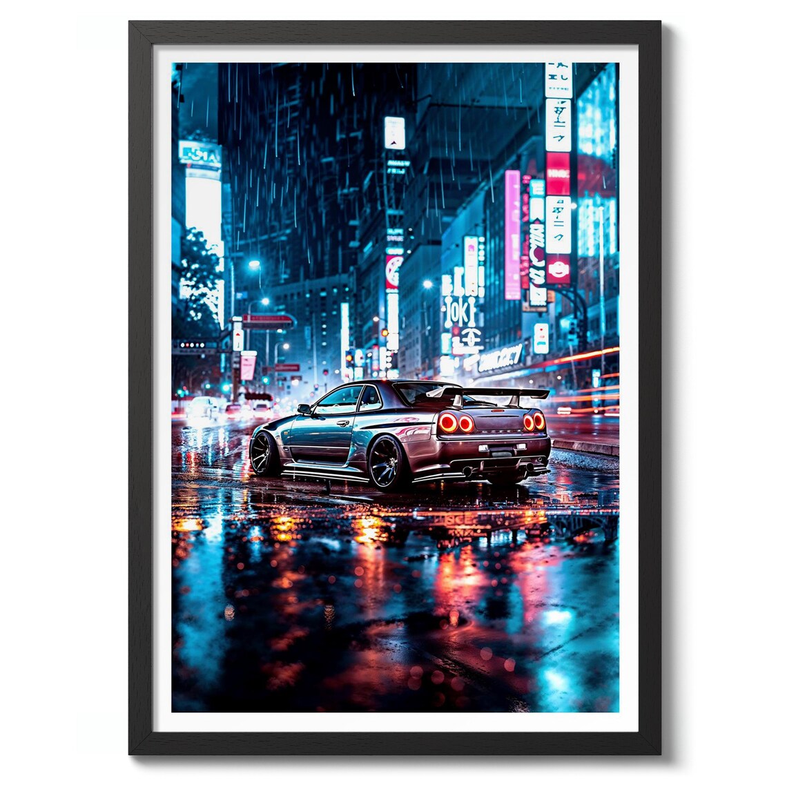 Nissan Skyline GT-R R34 Tokyo Neon Rain Night Automotive Poster