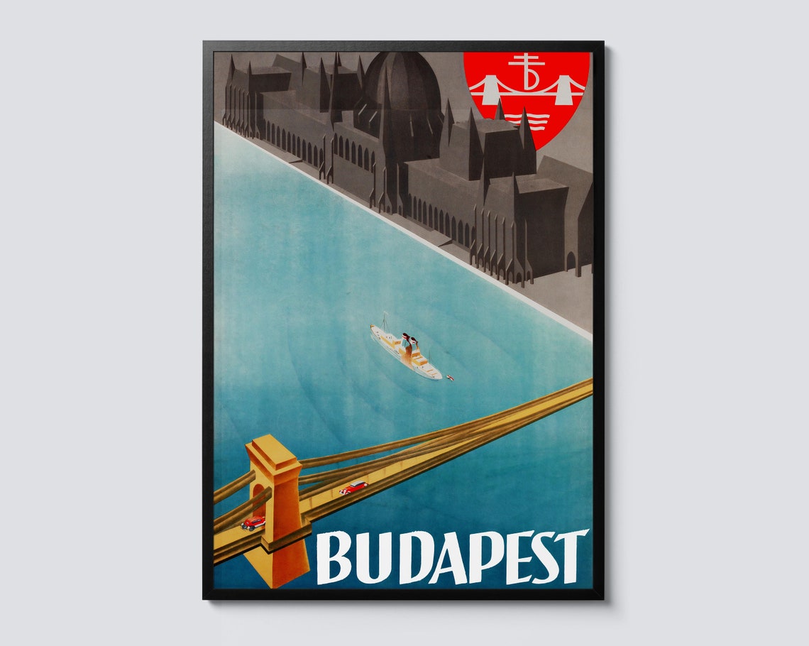 Vintage Budapest Travel Illustration Parliament Danube River Poster