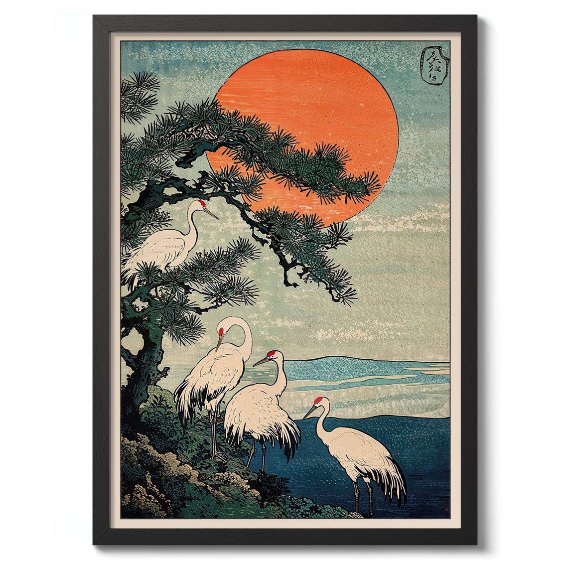 White Cranes Under Red Sun Japanese Woodblock Bird Art Print