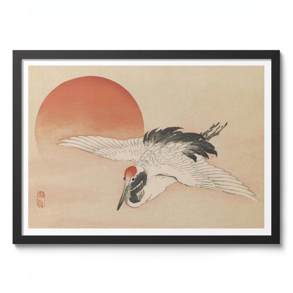 Kono Bairei Flying Crane Red Sun Japanese Woodblock Bird Art Poster