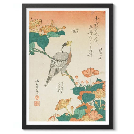 Hawfinch And Marvelofperu By Katsushika Hokusai Traditional Japanese Woodblock Print Bird Flower Art Poster