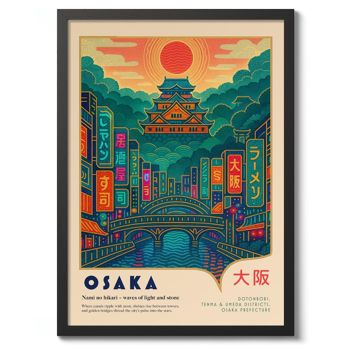 Osaka Japan Neon Night City Scene With Osaka Castle Travel Poster