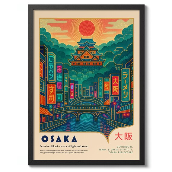 Osaka Japan Neon Night City Scene With Osaka Castle Travel Poster