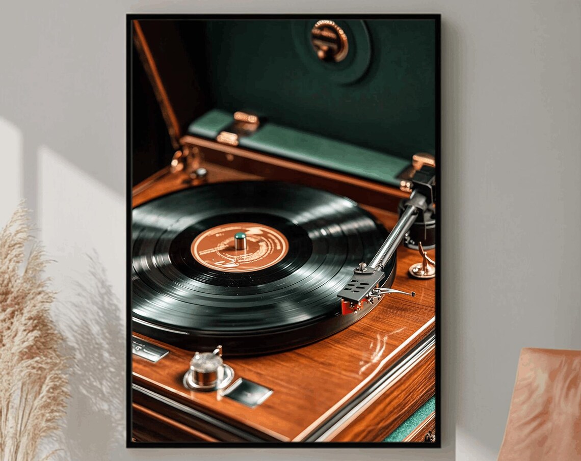 Vintage Suitcase Record Player with Green Velvet Interior Poster