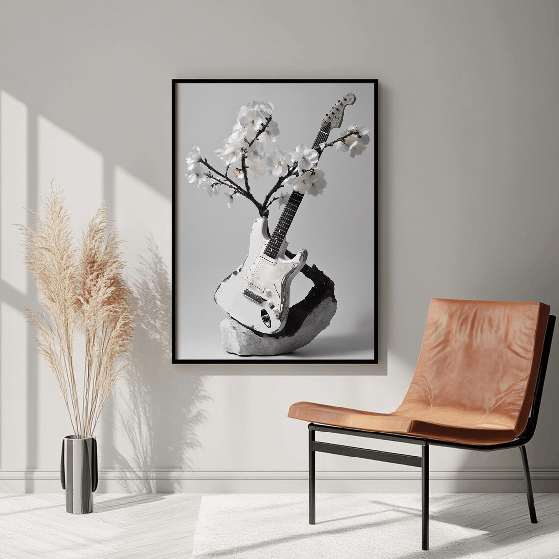 White Electric Guitar Cherry Blossom Sculpture Style Music Poster - Image 3