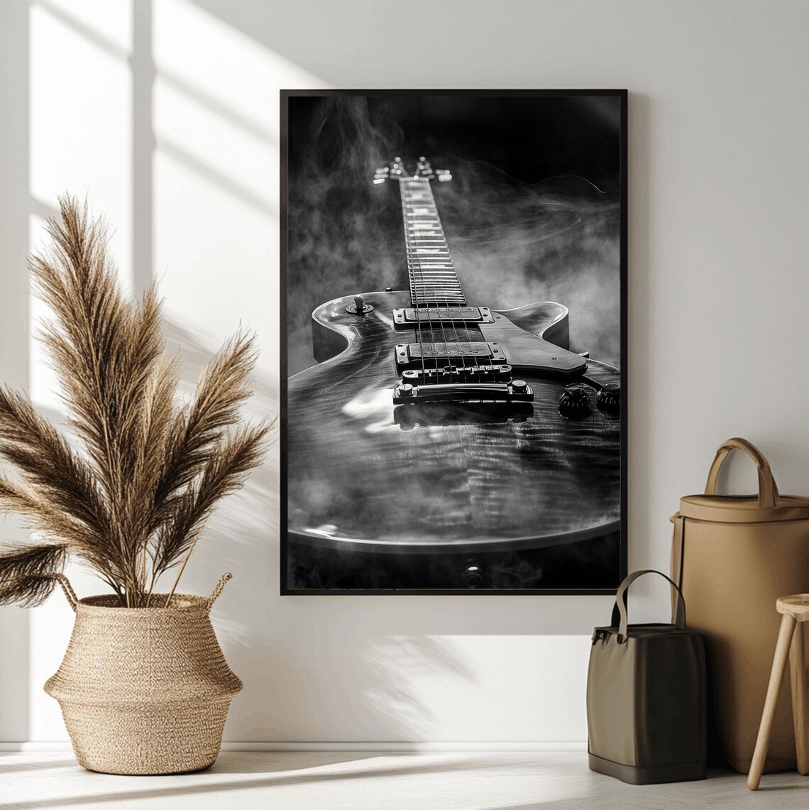 Electric Guitar Rising Through Smoke Black White Music Poster - Image 2