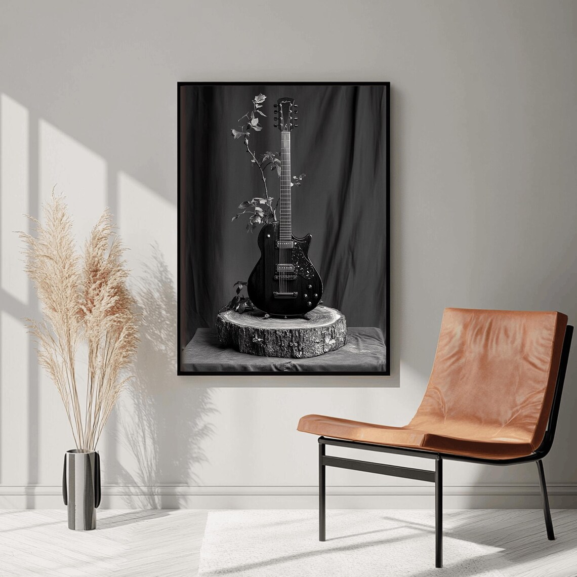 Electric Guitar on Tree Stump Stand Botanical Black White Music Poster - Image 3