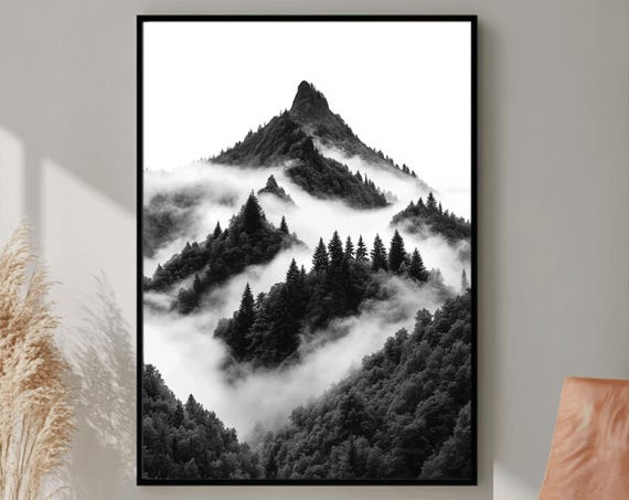 Forest Mountains Print Foggy Mountain Landscape Large Wall Art Green Forest Landscape Print Nature Picture