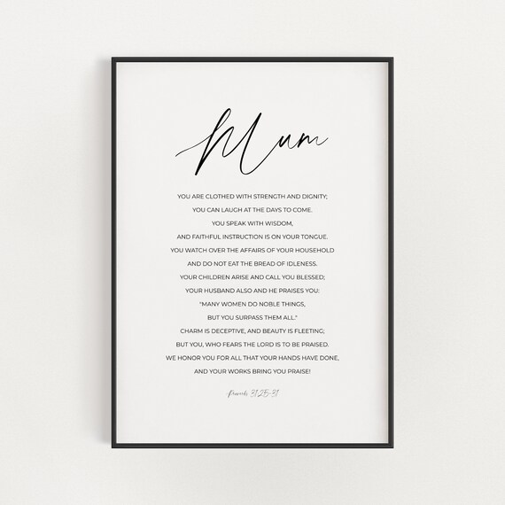 Mum Script Proverbs 31:25-31 Vertical Minimalist Scripture Poster