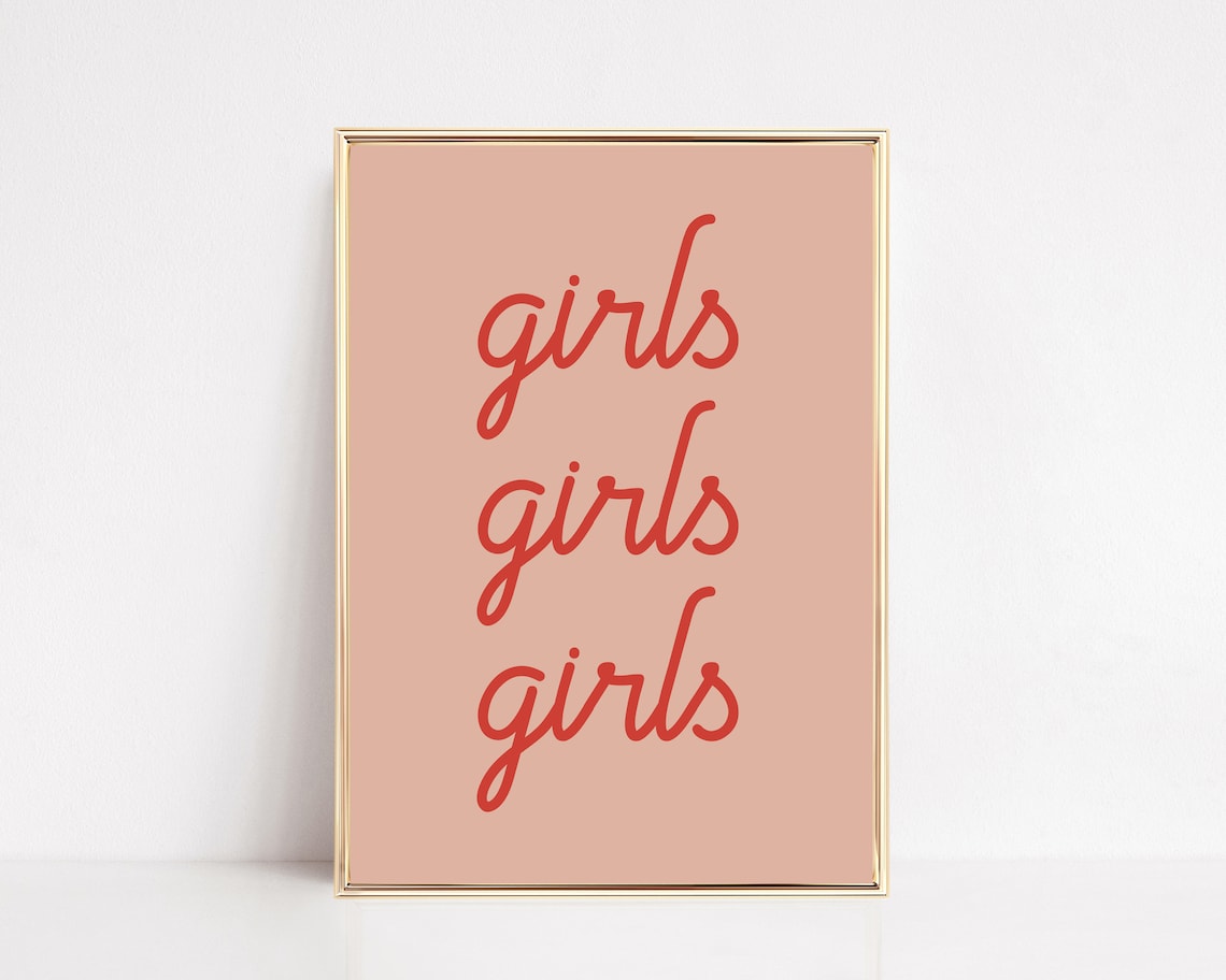 Girls Girls Girls Feminist Wall Art, Pink Aesthetic Print