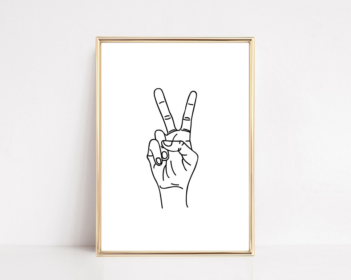 Peace Sign Minimalist Black And White Hand Line Art Drawing Print