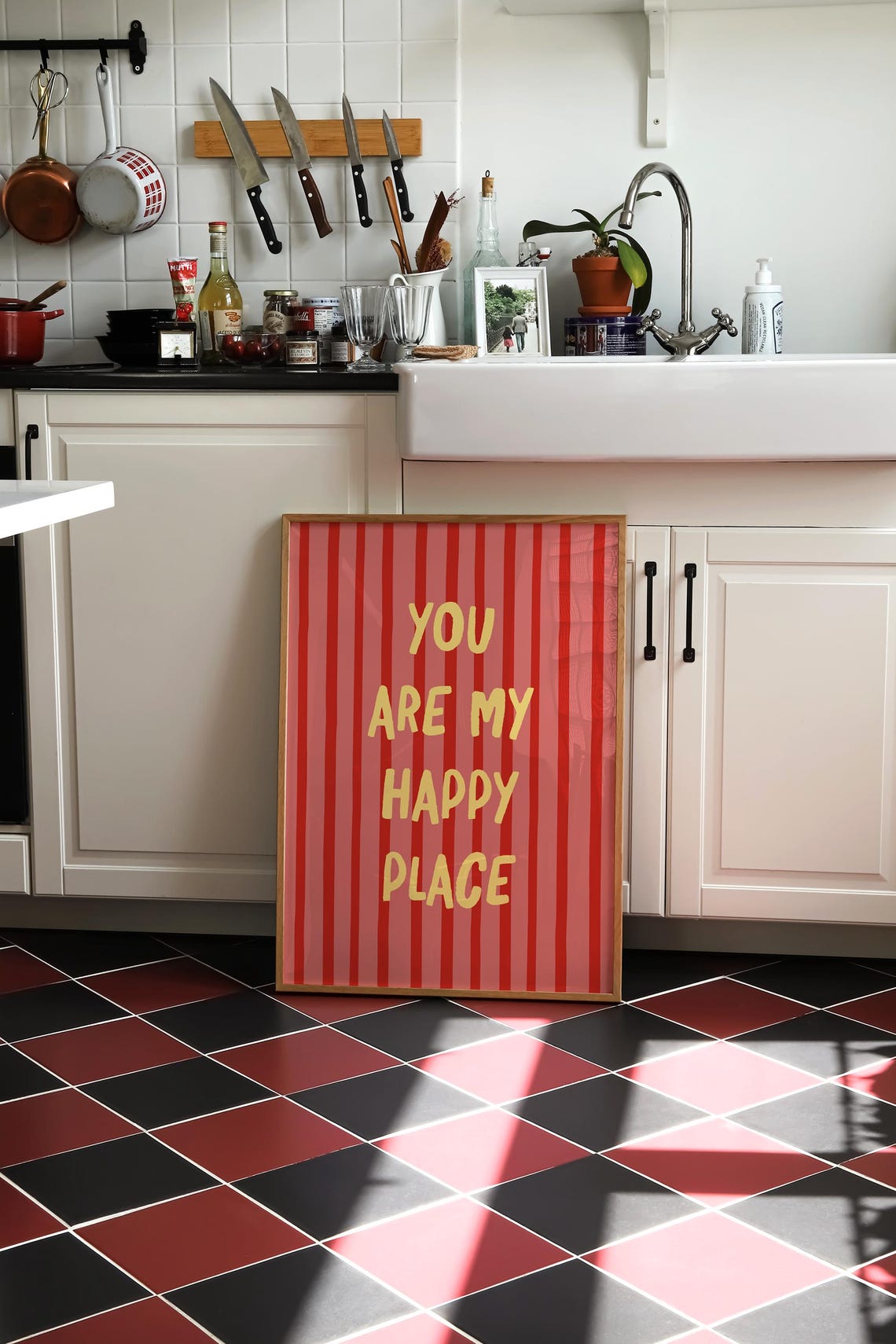 You Are My Happy Place Red Striped Positive Quote Bedroom Wall Art - Image 2