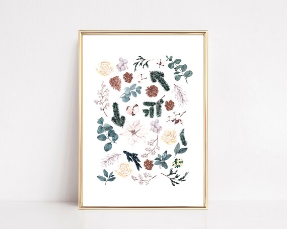 Watercolor Christmas Botanicals Pinecone Eucalyptus Wall Art
