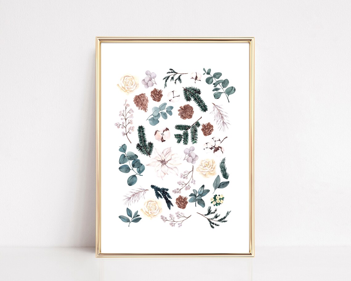 Watercolor Christmas Botanicals Pinecone Eucalyptus Wall Art