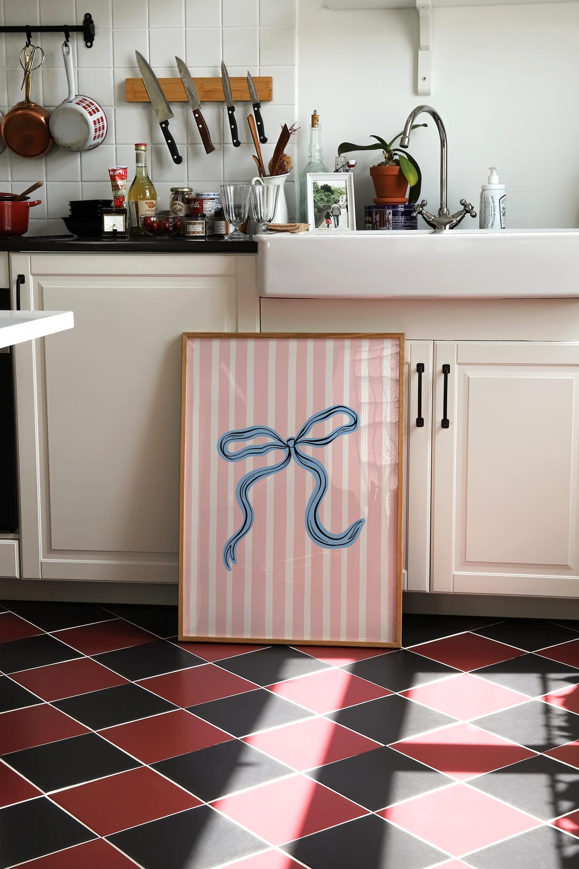 Blue Bow Coquette Pink Cabana Striped Girly Bedroom Wall Art - Image 3