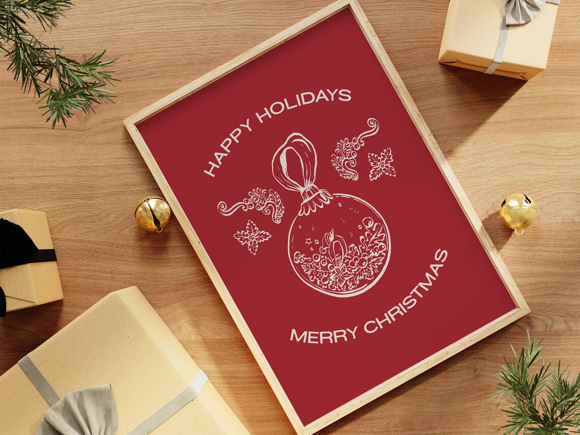 Red Happy Holidays Merry Christmas Ornament Line Art Holiday Poster