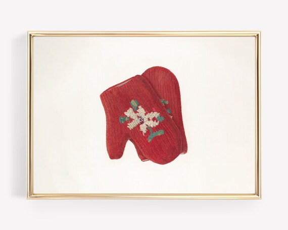 Red Knit Mittens Floral Embroidery Vintage Christmas Cozy Winter Poster