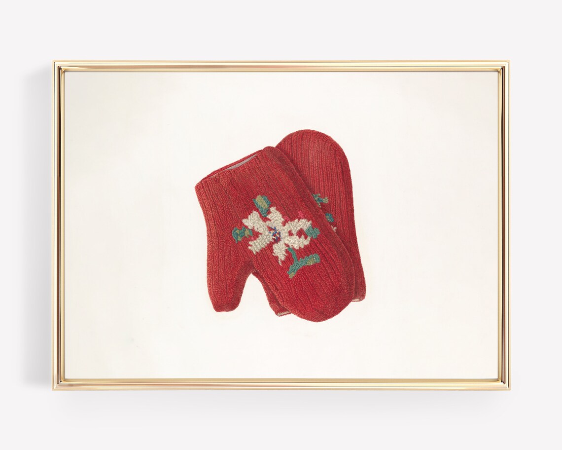 Red Knit Mittens Floral Embroidery Vintage Christmas Cozy Winter Poster