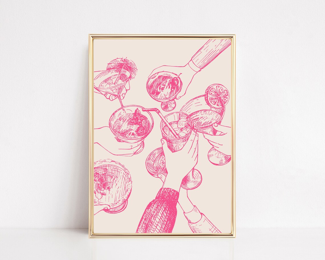 Pink Cheers Sign, Preppy Bar Cart Art Print
