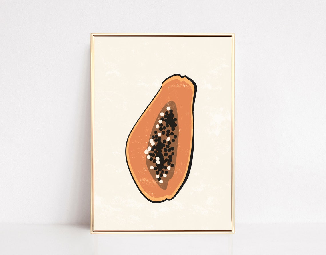 Papaya Halved Fruit Mid Century Modern Illustration Wall Art