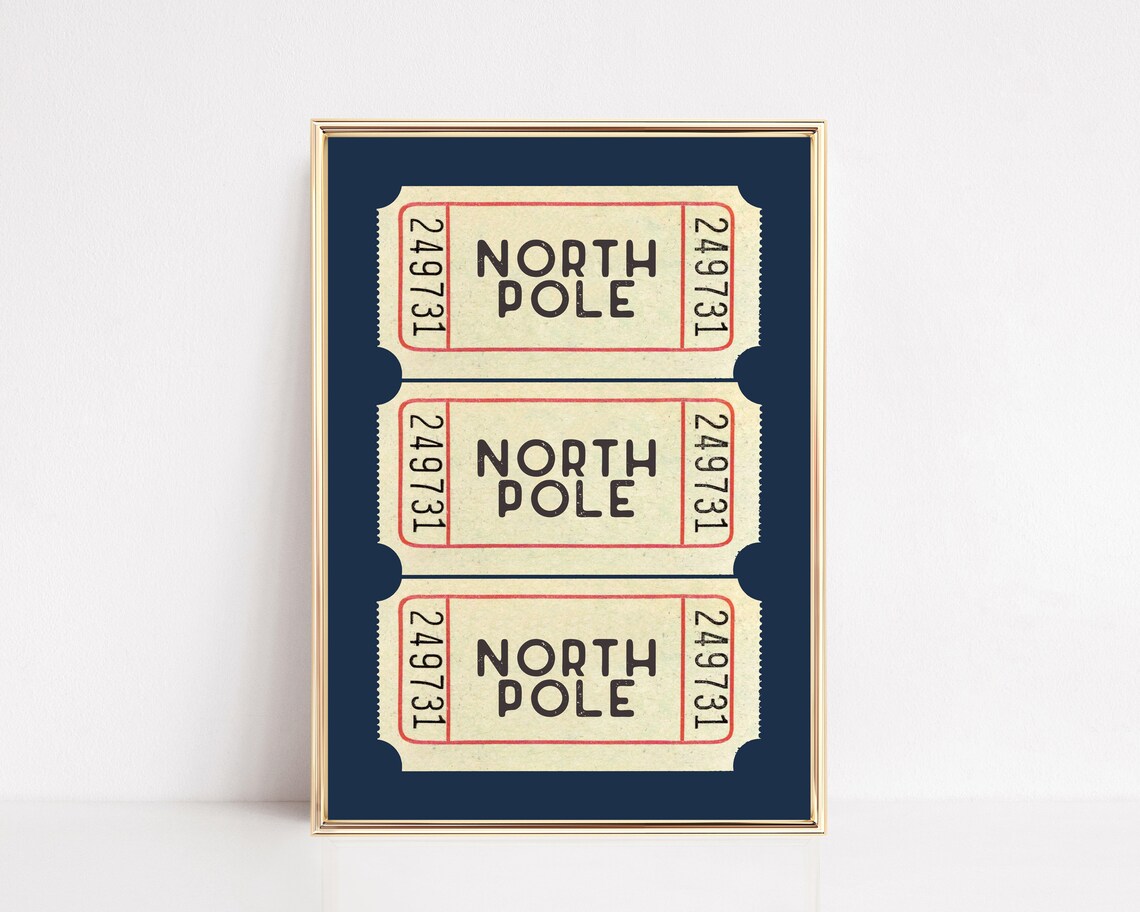 North Pole Ticket Blue Christmas Wall Art Print