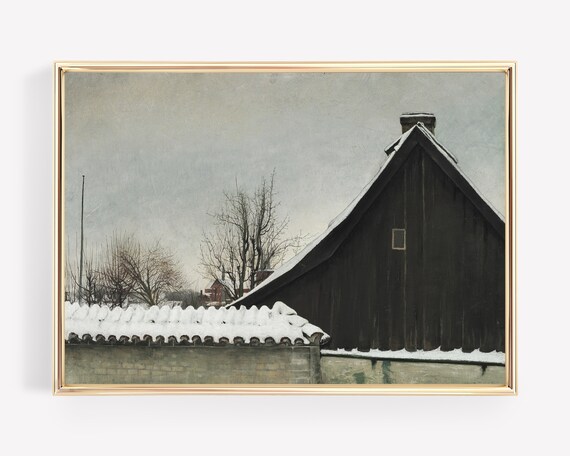 Moody Vintage Winter Snow Covered Rooftop Oil Painting Poster