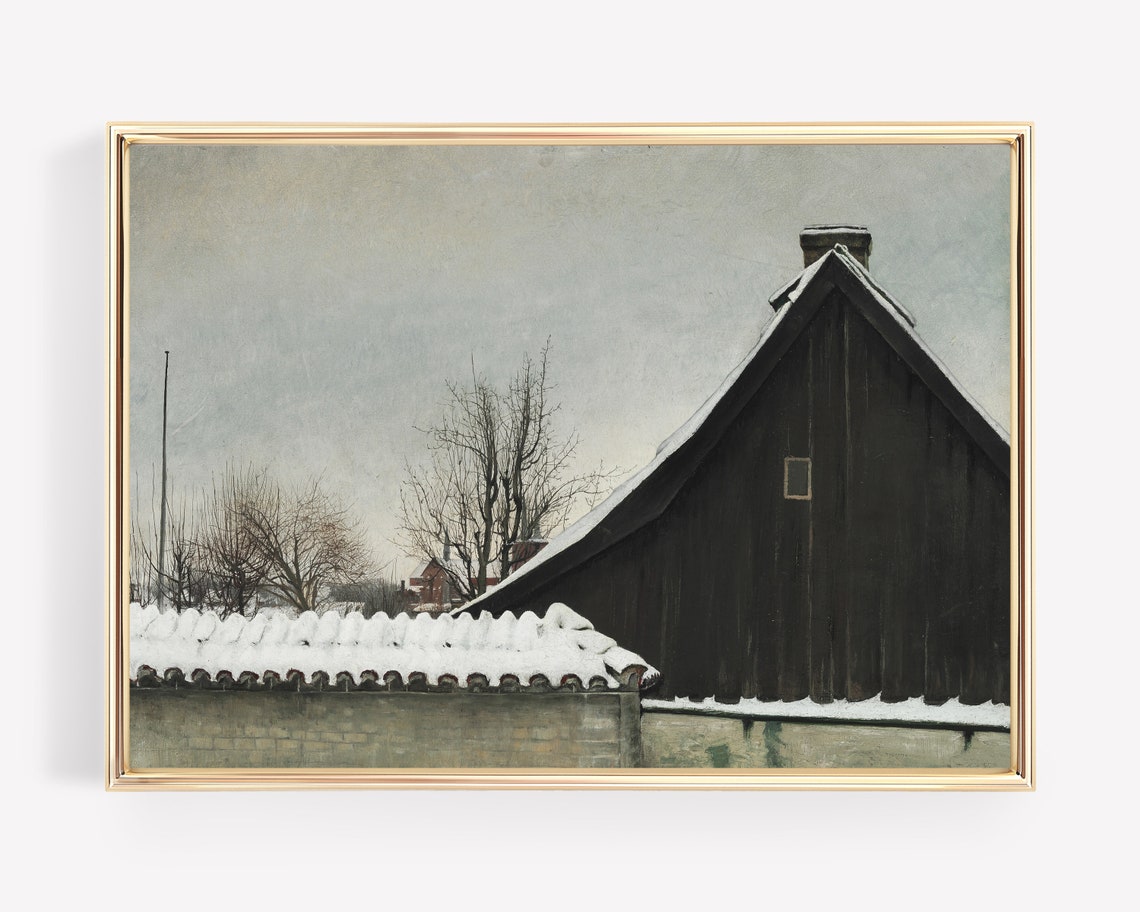 Moody Vintage Winter Snow Covered Rooftop Oil Painting Poster