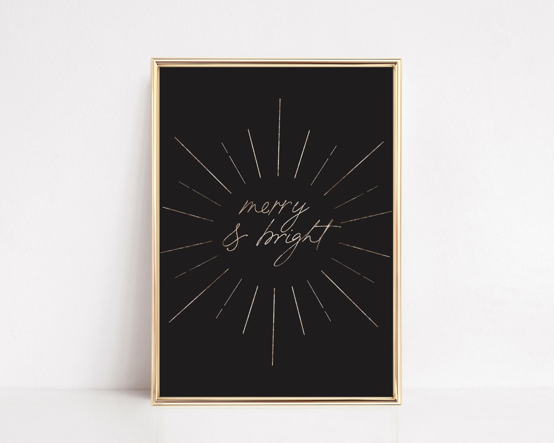 Merry and Bright Gold Starburst Black Elegant Holiday Script Poster