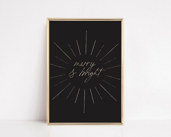 Merry and Bright Gold Starburst Black Elegant Holiday Script Poster
