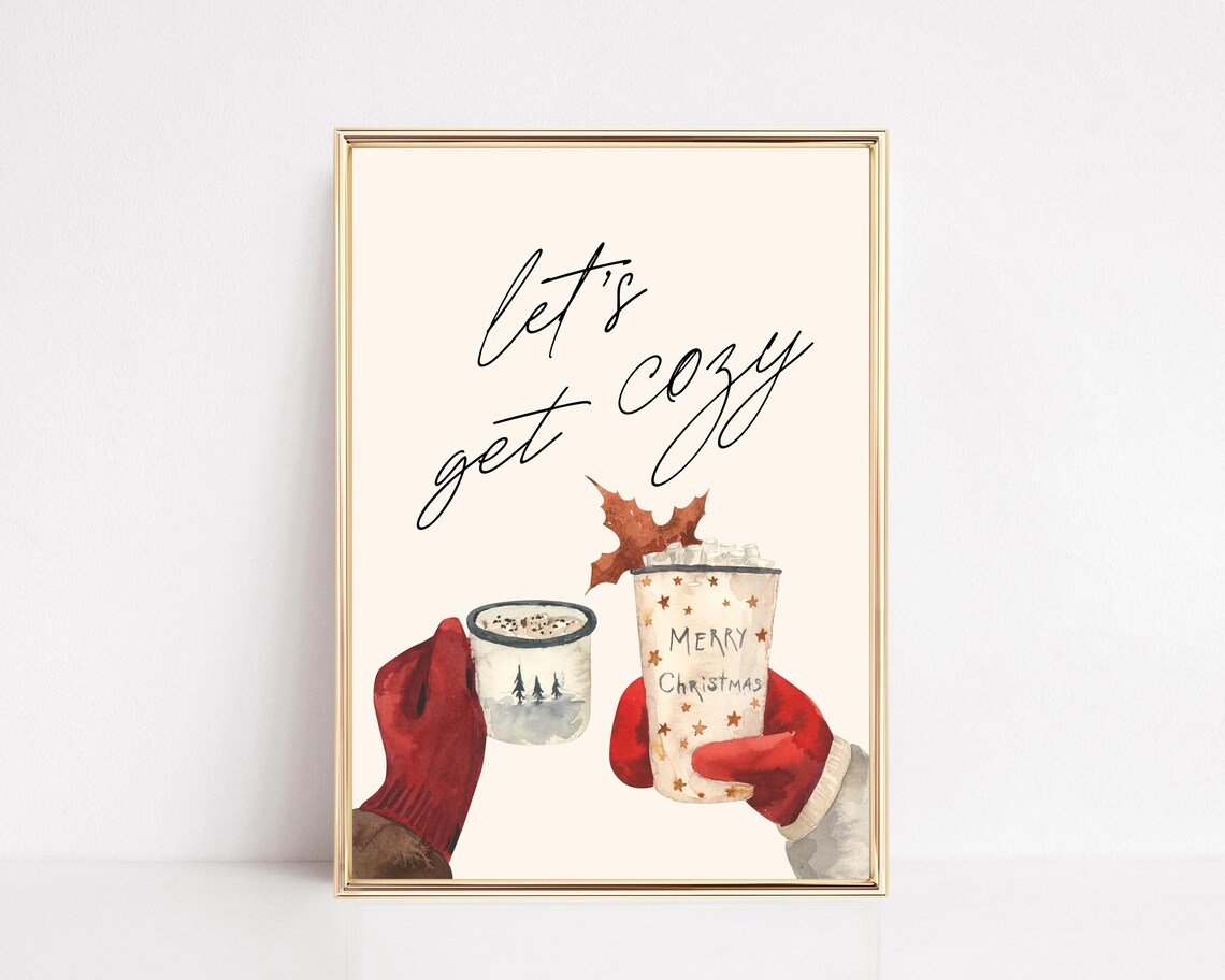 Let's Get Cozy Winter Christmas Cocoa Mugs Watercolor Poster