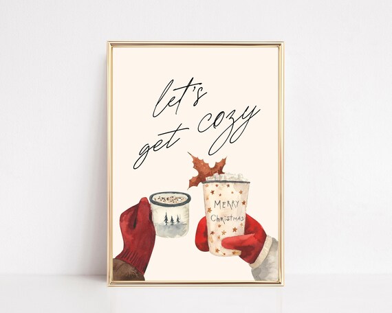 Let's Get Cozy Winter Christmas Cocoa Mugs Watercolor Poster