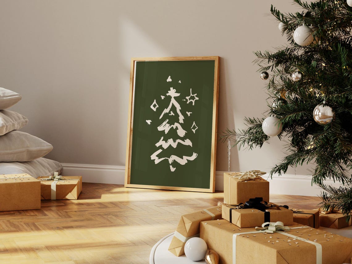 Cream Green Brushstroke Christmas Tree Minimalist Holiday Poster - Image 2