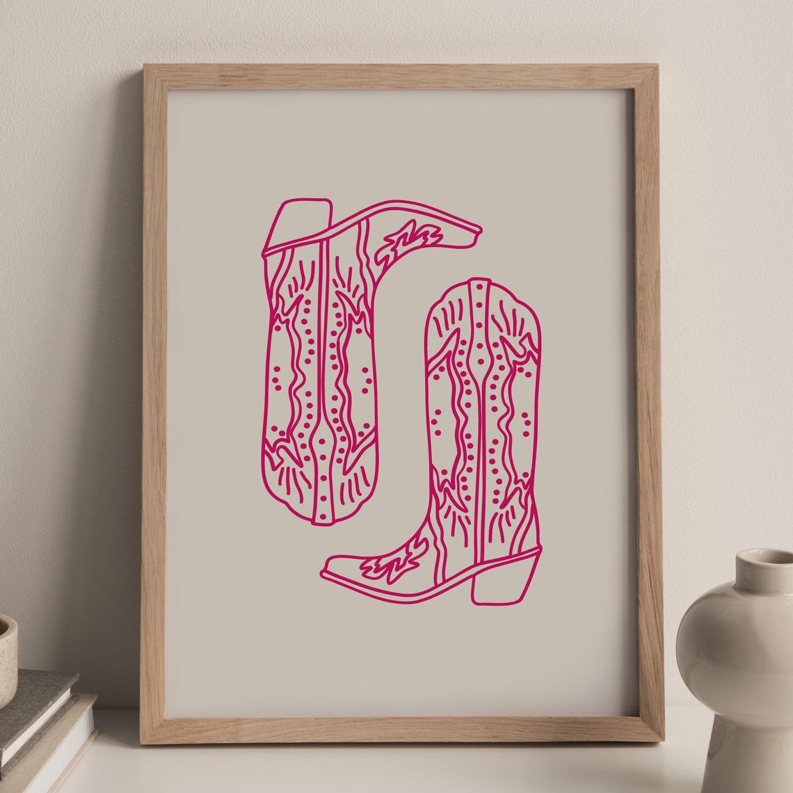 Hot Pink Cowboy Boots Line Art Western Girly Bedroom Decor Poster